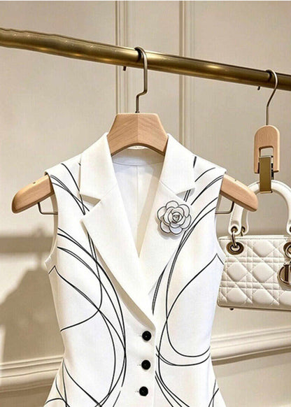 Stylish White Floral Print Notched Waistcoat Tops Sleeveless
