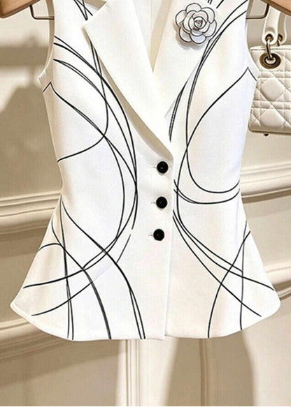 Stylish White Floral Print Notched Waistcoat Tops Sleeveless