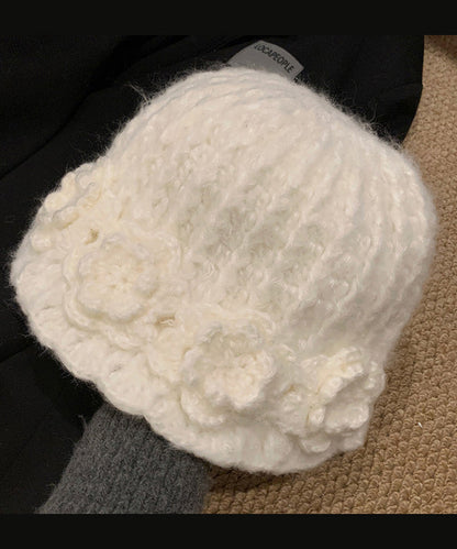 Stylish White Flower Warm Knitted Bucket Hat