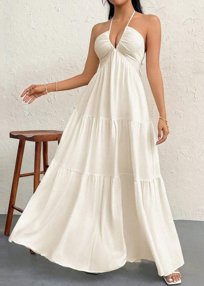 Stylish White Halter Backless Exra Large Hem Cotton Holiday Dress Summer