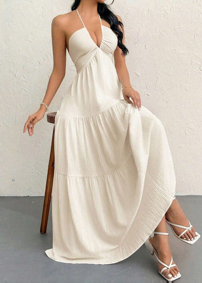 Stylish White Halter Backless Exra Large Hem Cotton Holiday Dress Summer