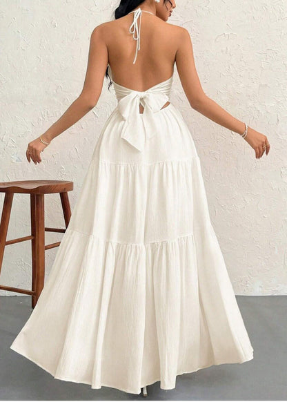 Stylish White Halter Backless Exra Large Hem Cotton Holiday Dress Summer