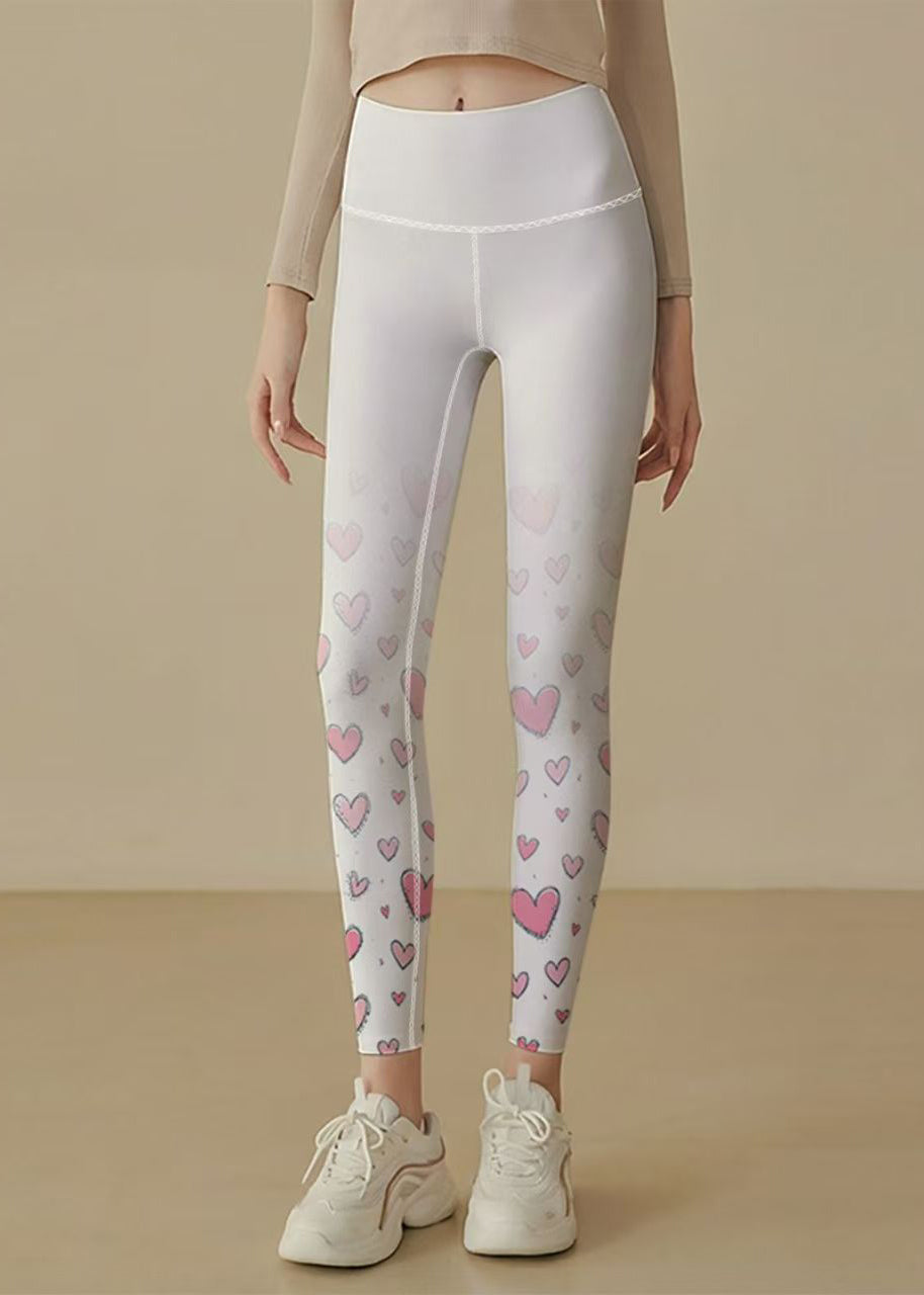 Stylish White Heart Print High Waist Butt Scrunch Capri Running Leggings
