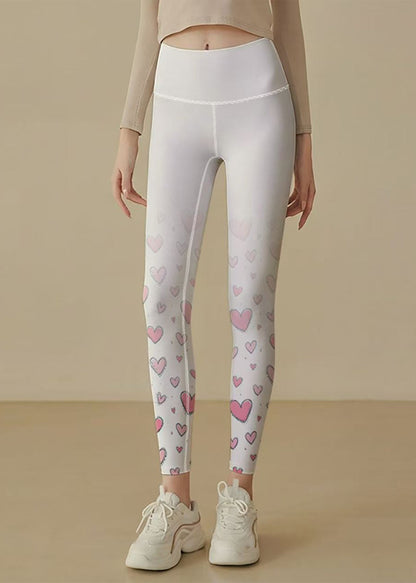 Stylish White Heart Print High Waist Butt Scrunch Capri Running Leggings
