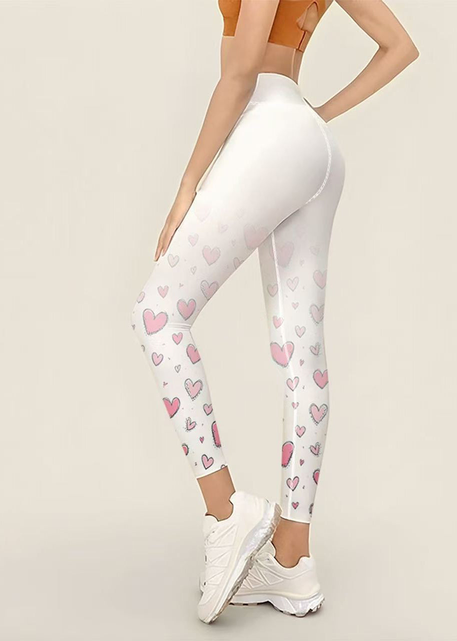 Stylish White Heart Print High Waist Butt Scrunch Capri Running Leggings