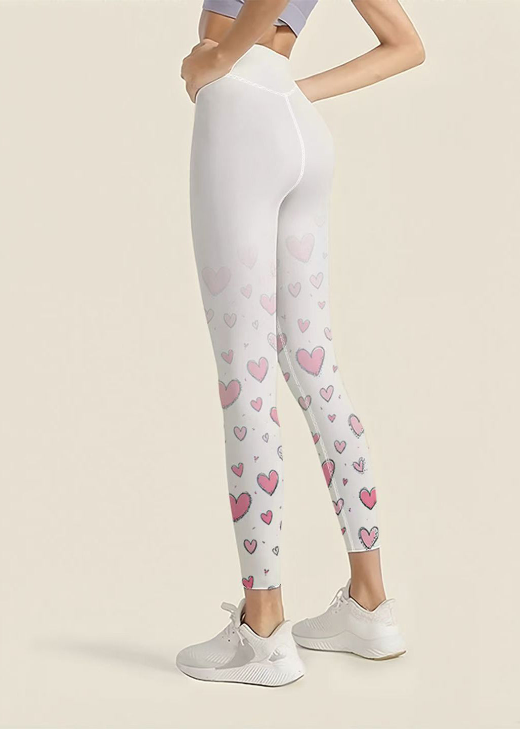 Stylish White Heart Print High Waist Butt Scrunch Capri Running Leggings