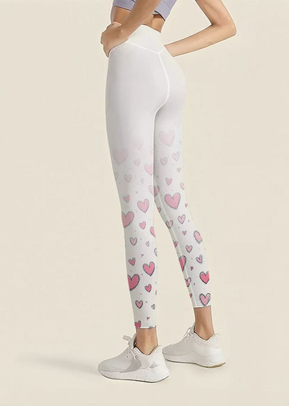 Stylish White Heart Print High Waist Butt Scrunch Capri Running Leggings