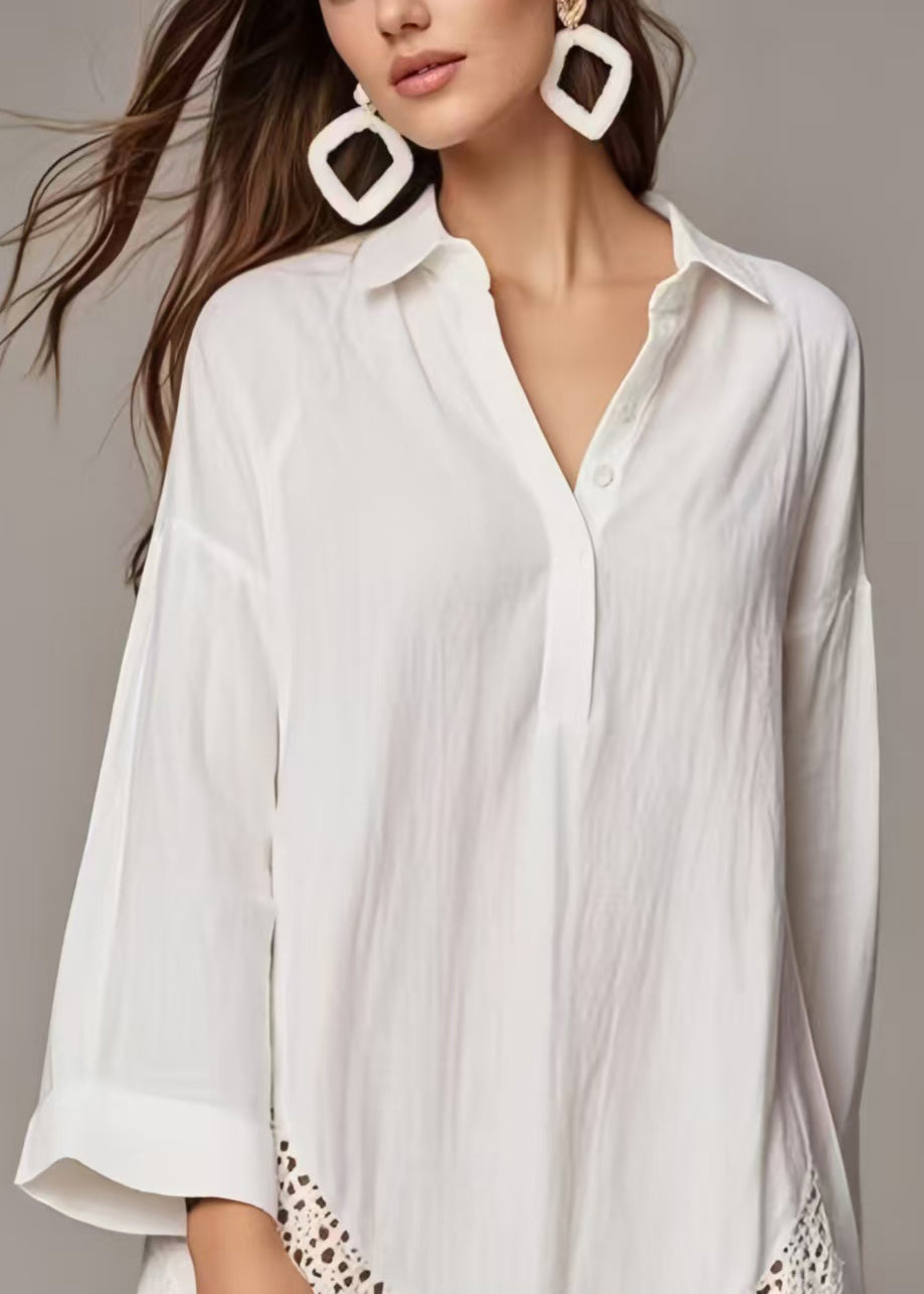 Stylish White Hollow Out Cotton Shirt Dress Spring
