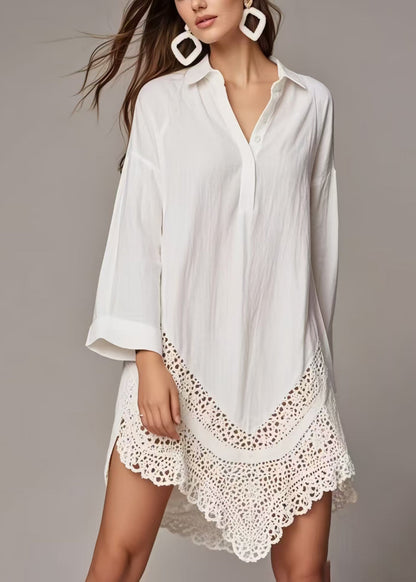 Stylish White Hollow Out Cotton Shirt Dress Spring