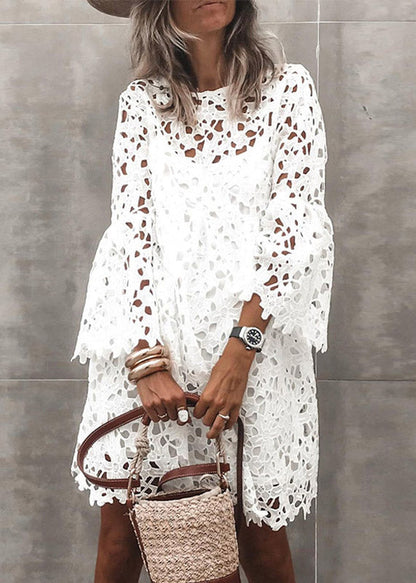 Stylish White Hollow Out Solid Lace Mid Dresses Flare Sleeve