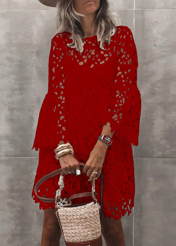 Stylish White Hollow Out Solid Lace Mid Dresses Flare Sleeve