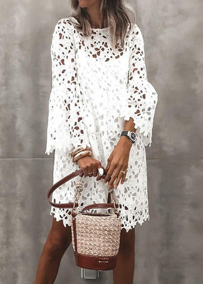 Stylish White Hollow Out Solid Lace Mid Dresses Flare Sleeve