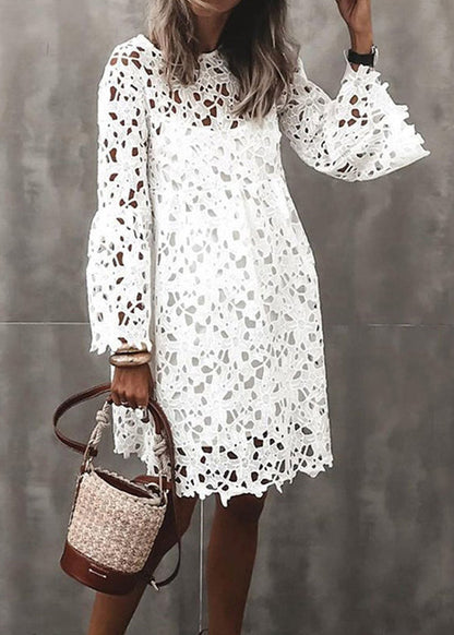 Stylish White Hollow Out Solid Lace Mid Dresses Flare Sleeve