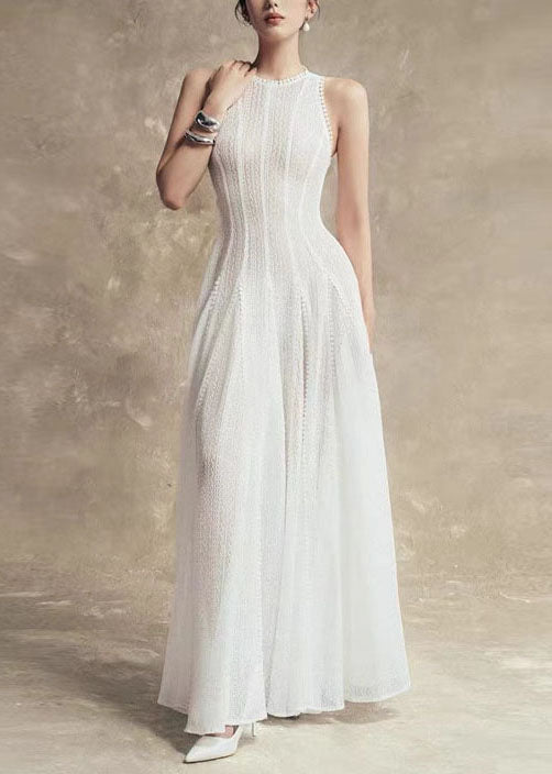 Stylish White Hollow Out Solid Lace Party Dress Sleeveless