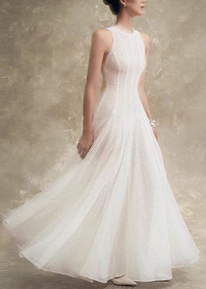 Stylish White Hollow Out Solid Lace Party Dress Sleeveless