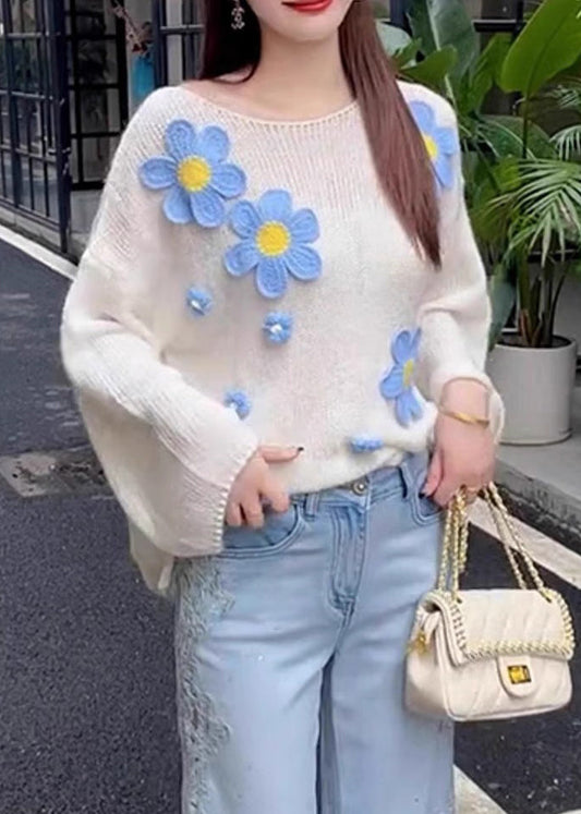 Stylish White O Neck Floral Hollow Out Knit Sweater Tops Fall