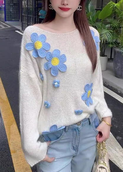 Stylish White O Neck Floral Hollow Out Knit Sweater Tops Fall