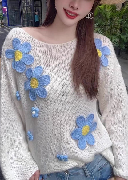 Stylish White O Neck Floral Hollow Out Knit Sweater Tops Fall