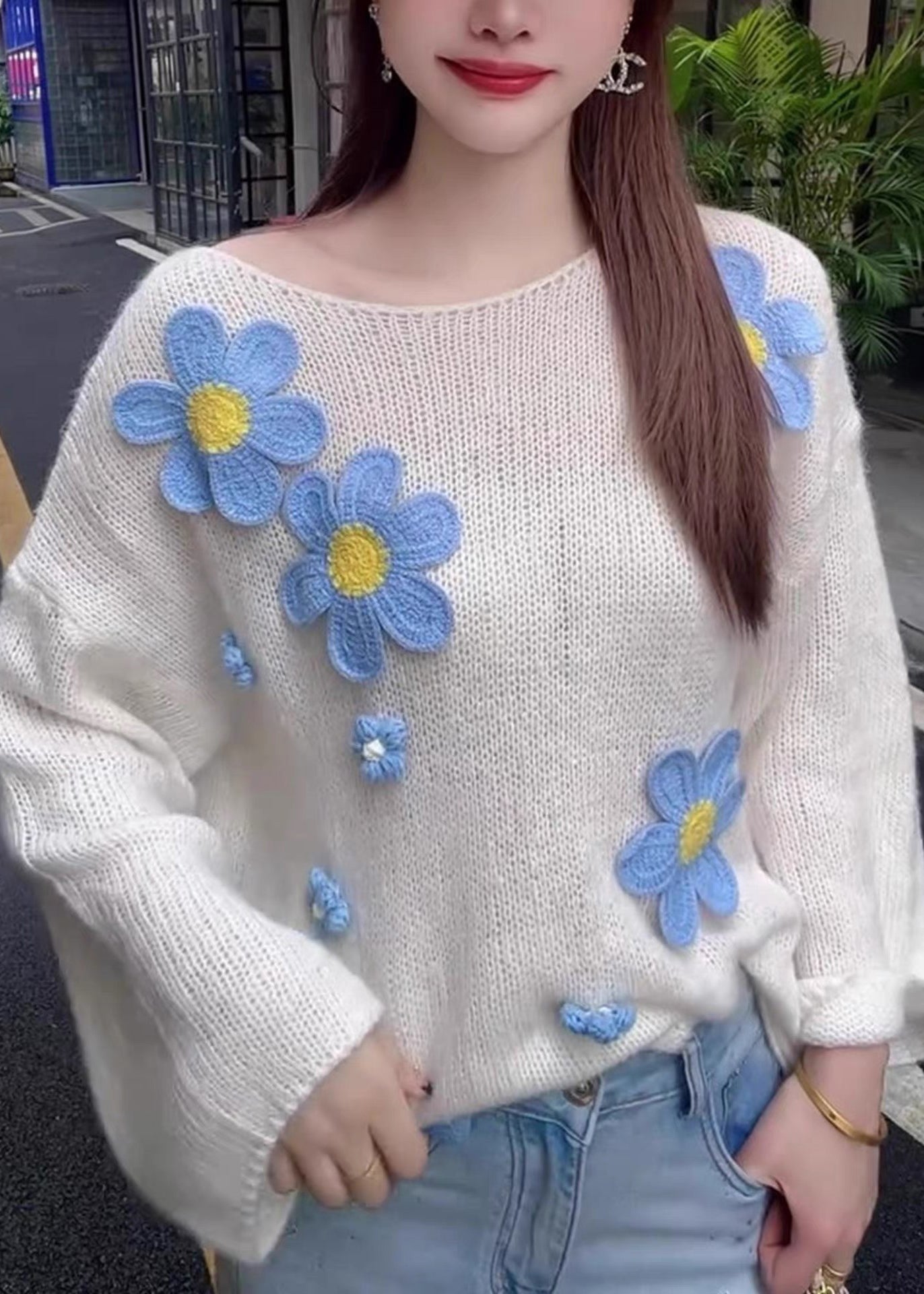 Stylish White O Neck Floral Hollow Out Knit Sweater Tops Fall