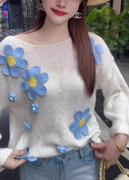 Stylish White O Neck Floral Hollow Out Knit Sweater Tops Fall