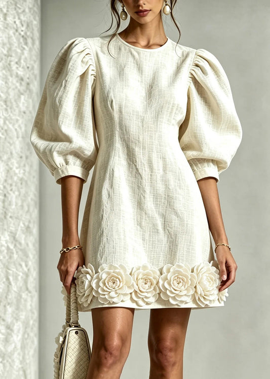 Stylish White O-Neck Stereoscopic Floral Hem Mini Dress Summer
