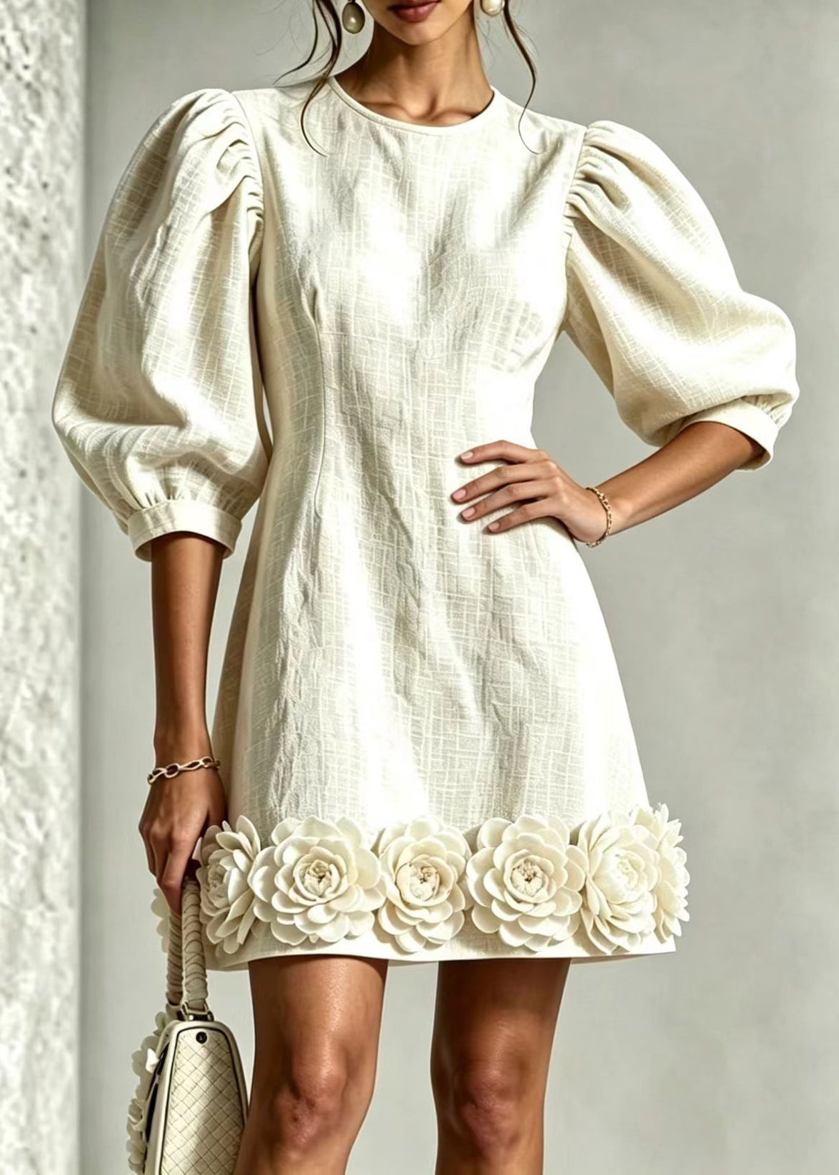 Stylish White O-Neck Stereoscopic Floral Hem Mini Dress Summer