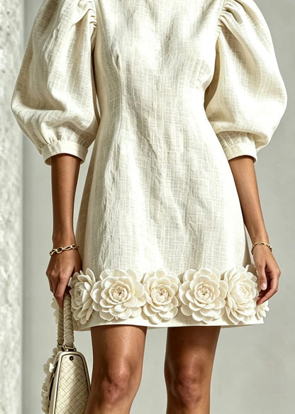 Stylish White O-Neck Stereoscopic Floral Hem Mini Dress Summer