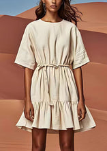 Load image into Gallery viewer, Stylish White O Neck Wrinkled Tie Waist Linen Dresses Summer