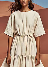 Load image into Gallery viewer, Stylish White O Neck Wrinkled Tie Waist Linen Dresses Summer