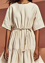 Load image into Gallery viewer, Stylish White O Neck Wrinkled Tie Waist Linen Dresses Summer