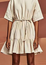 Load image into Gallery viewer, Stylish White O Neck Wrinkled Tie Waist Linen Dresses Summer
