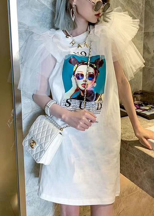 Stylish White Original Design Print Patchwork Cotton T Shirt Dresses Butterfly Sleeve