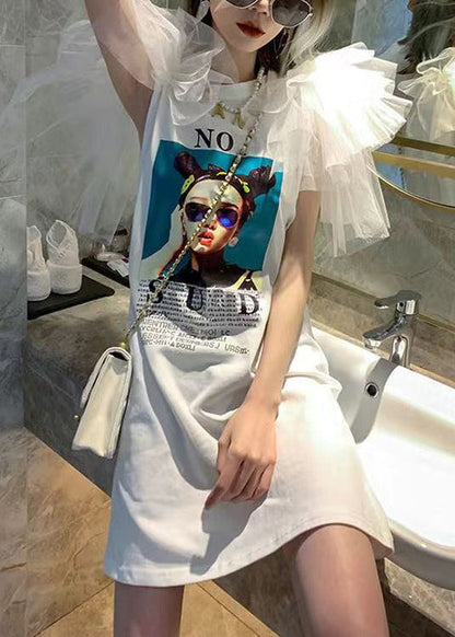 Stylish White Original Design Print Patchwork Cotton T Shirt Dresses Butterfly Sleeve