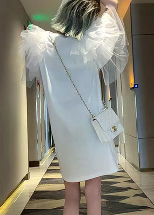 Stylish White Original Design Print Patchwork Cotton T Shirt Dresses Butterfly Sleeve