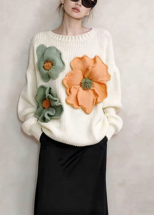 Stylish White Oversized Floral Decorated Knitted Tops Winter