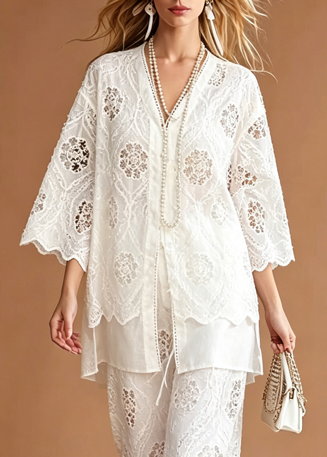 Stylish White Oversized Patchwork Lace Two Piece Suit Set Summer