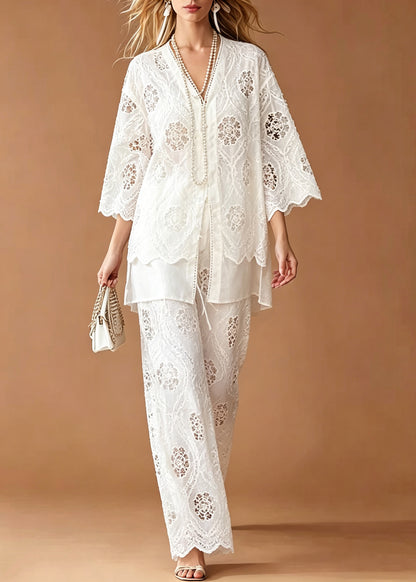 Stylish White Oversized Patchwork Lace Two Piece Suit Set Summer
