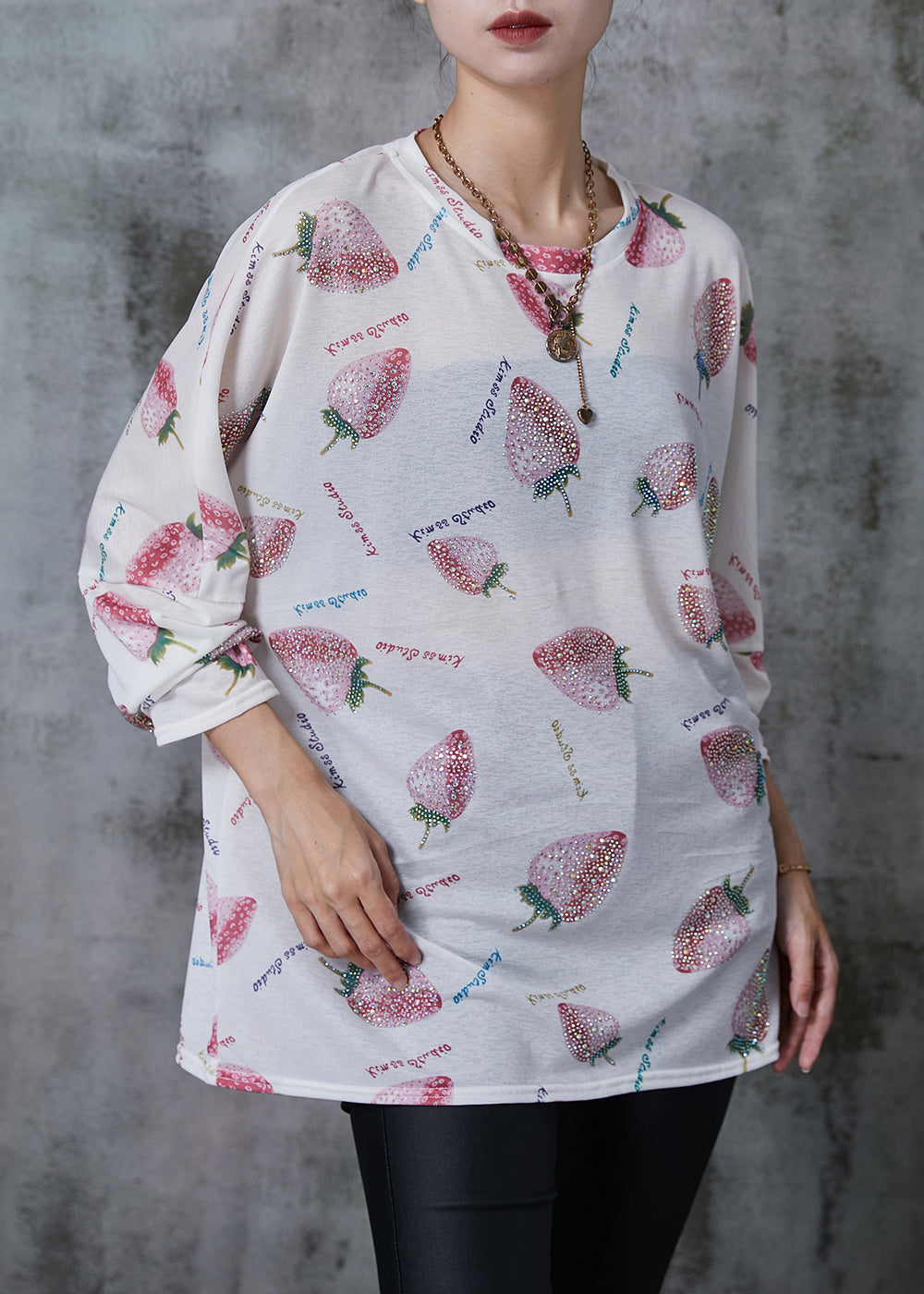 Stylish White Oversized Zircon Strawberry Cotton Shirt Tops Summer