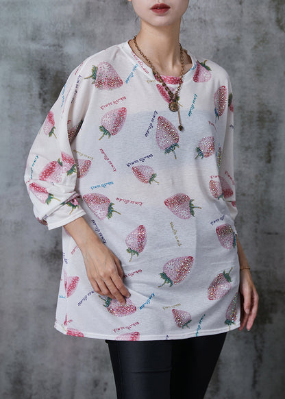 Stylish White Oversized Zircon Strawberry Cotton Shirt Tops Summer