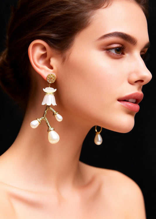 Stylish White Pearl Golden Branch Drop Earrings