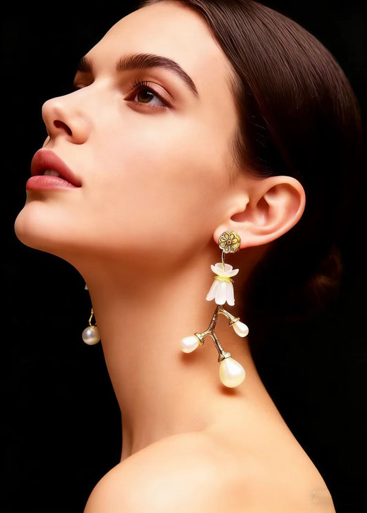Stylish White Pearl Golden Branch Drop Earrings