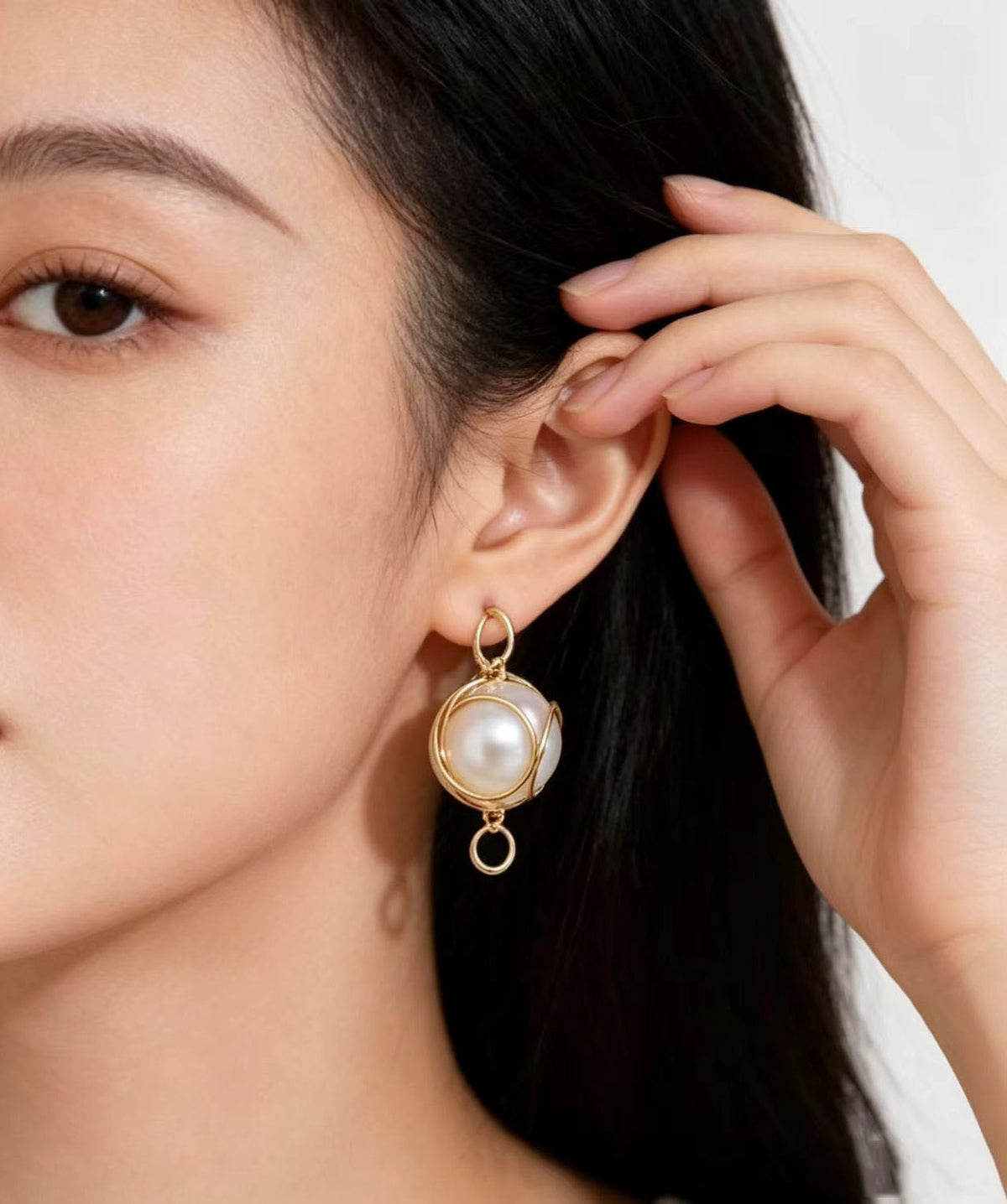 Stylish White Pearl Golden Thread Winding Drop Earrings