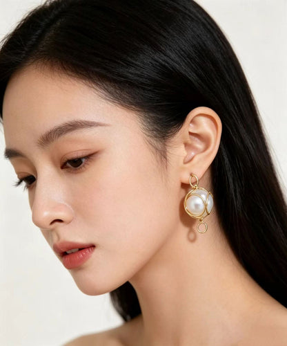 Stylish White Pearl Golden Thread Winding Drop Earrings