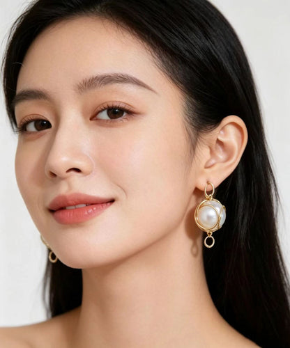 Stylish White Pearl Golden Thread Winding Drop Earrings