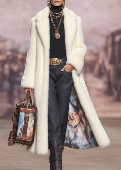 Stylish White Peter Pan Collar Pockets Faux Fur Coat Winter