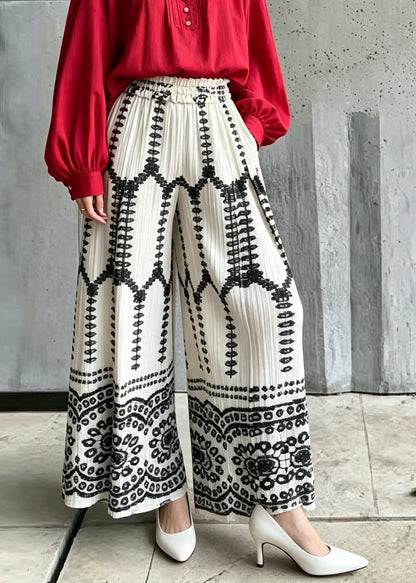 Stylish White Print Elastic Waist Wide Leg Pants Fall