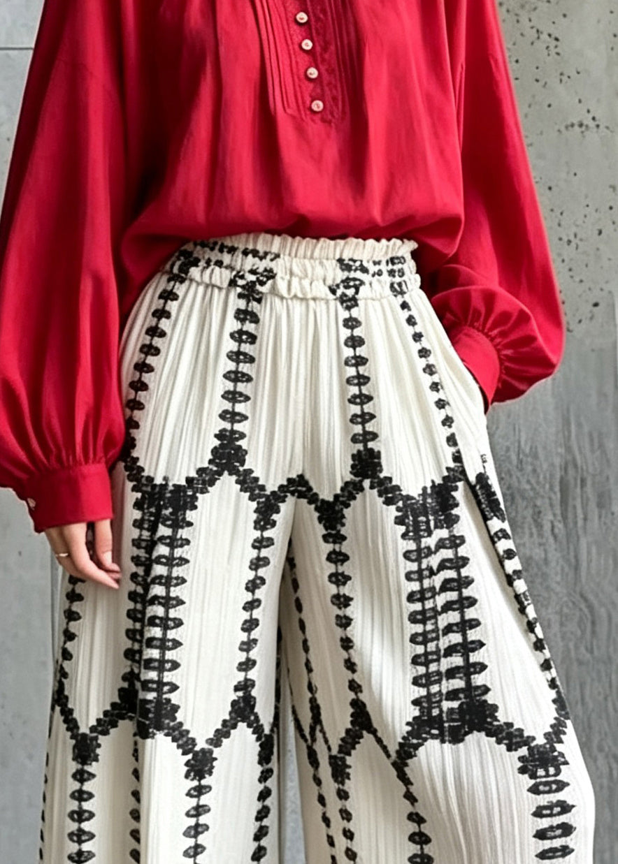 Stylish White Print Elastic Waist Wide Leg Pants Fall