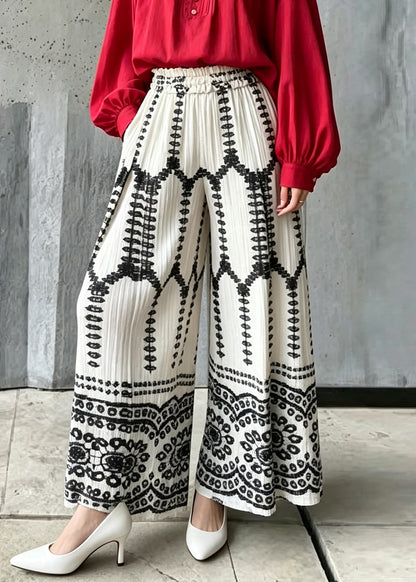 Stylish White Print Elastic Waist Wide Leg Pants Fall