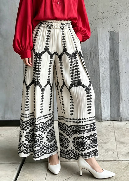 Stylish White Print Elastic Waist Wide Leg Pants Fall