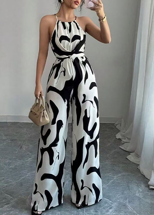 Stylish White Print Lace Up Cotton Jumpsuits Sleeveless